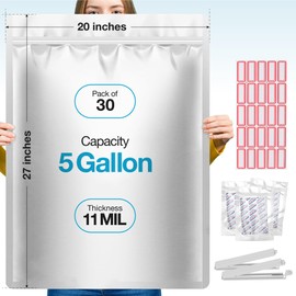 30 Pcs 5 Gallon Mylar Bags With Oxygen Absorbers - 11 Mil Thick - With Sticker Labels and Closure Clip - Smell Proof, Zipper Closure Heat Resealable Large Mylar Bags For Food Storage