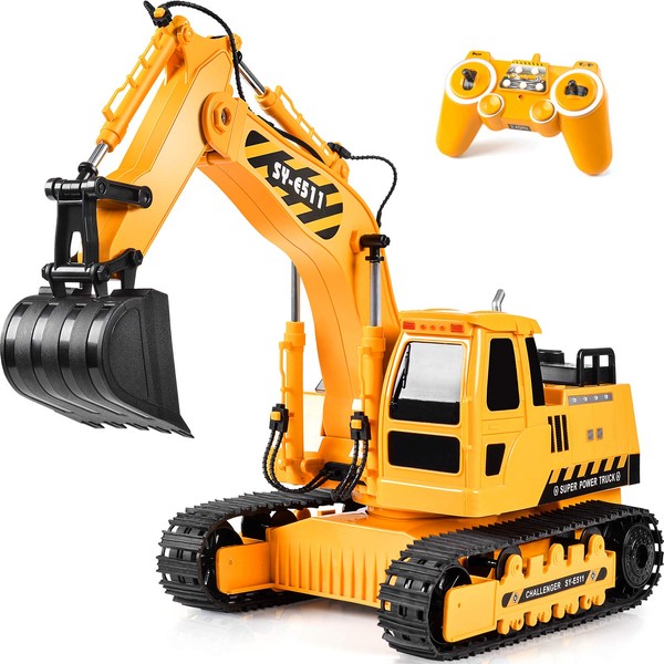 DOUBLE E Excavator Toys for Boys 11 Channel 1:20 Remote Control Excavator Construction Toys Tractor, RC Truck Sandbox Digger Toys Gifts for Boys 4 5 6 7 8 9 10