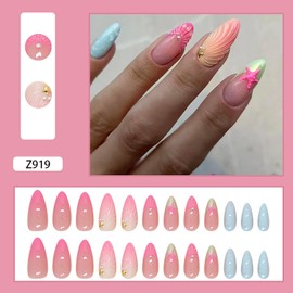 Press on Almond Nails Medium Length Acrylic Glossy Full Cover Pointed Almond French False Nails with Designs Artificial Almond Fake Nails with Charms Glue Stick ons Fingernails for Women(Z919)