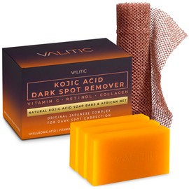 VALITIC VALITIC Kojic Acid Dark Spot Remover Soap with Turmeric, Vitamin C, Retinol - Original Japanese Complex with Hyaluronic Acid, Vitamin E, Shea Butter, Castile Olive Oil - 3 Pack and African Net Sponge