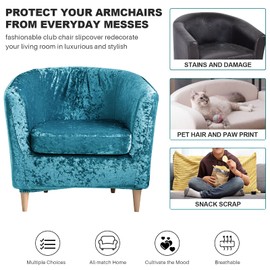 MIFXIN 2 Piece Tub Chair Covers Crushed Velvet Stretch Club Chair Slipcover with Cushion Cover Round Barrel Chair Couch Armchair Furniture Protector for Living Room Club Bar Counter (Blue)