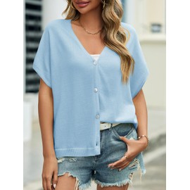 Saodimallsu Womens Summer Oversized Cardigans Batwing Short Sleeve Lightweight Button V Neck Casual Knit Sweater Tops