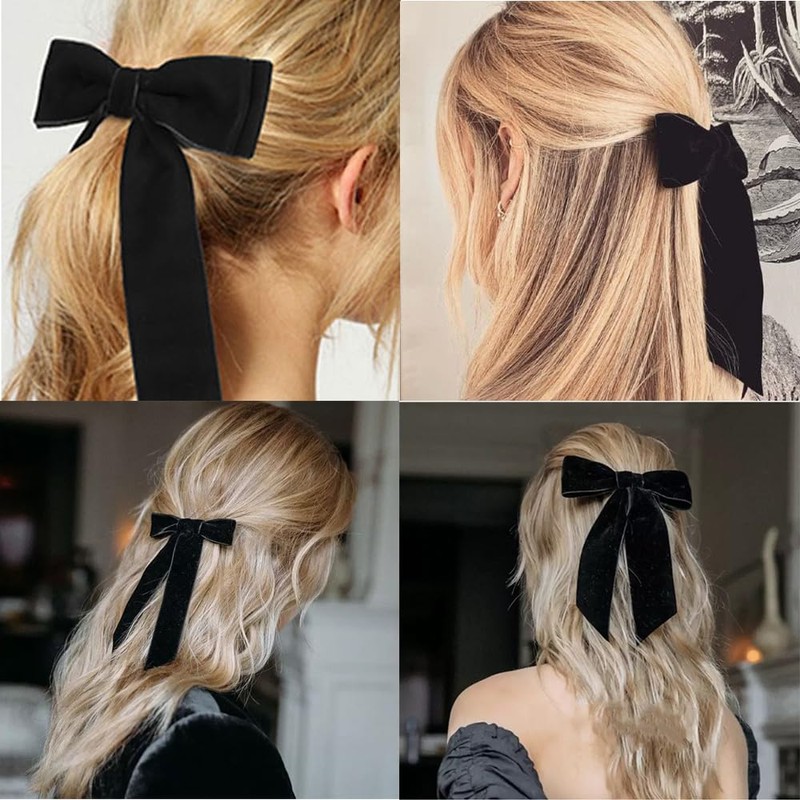 CHANJIF ベロア リボン 黒 ヘアクリップ ロングリボン 蝶結び ベルベット 小顔 かわいい