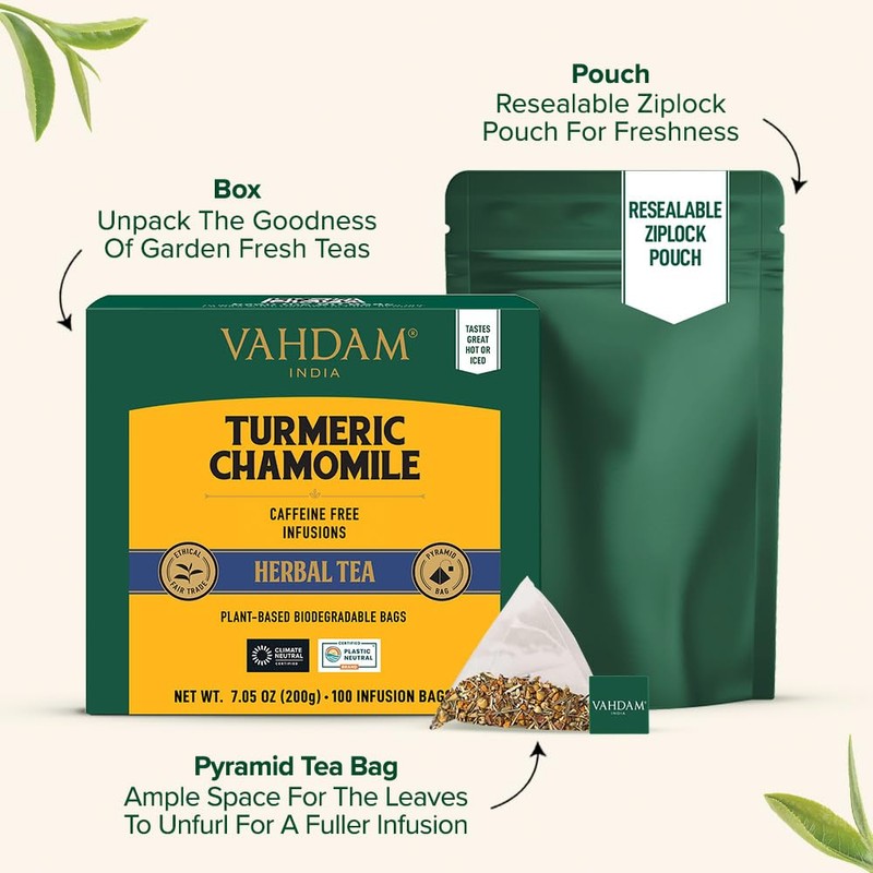 VAHDAM, Turmeric Chamomile Tea Bags (100 Herbal Tea Bags) Caffeine