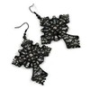 Statement Large Victorian Style Hematite Crystal Cross Drop Earrings/Black Tone/