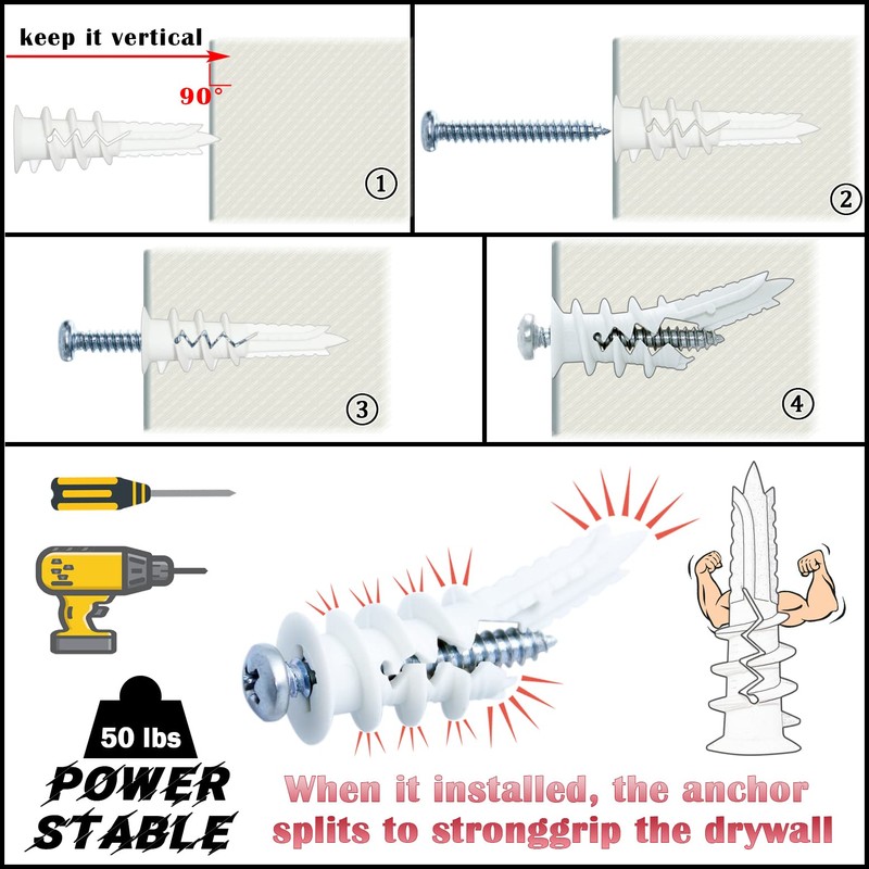 Laffeya Drywall Anchor Kit - 60 Pieces, Self-Drilling Plastic Anchors