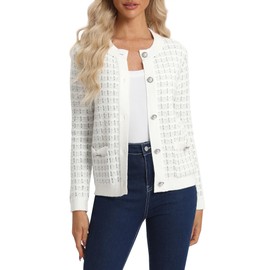 Urban CoCo Women's Open Front Button Down Knit Cropped Cardigan Casual Long Sleeve Sweater Jacket (White,L)