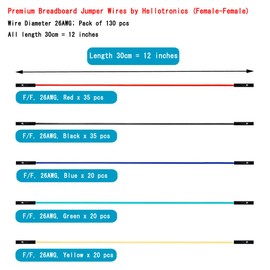 Hellotronics Breadboard Jumper Wires, Pack of 130 Pieces More Red and Black Female Female F-F Jumper Wire Cables Square Head 0.1'' 26AWG 5 Colors (30cm/12'' Length, Female-Female)