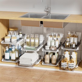 Delamu 4 Sets of 2-Tier Multi-Purpose Bathroom Cabinet Under Sink Organizers and Storage, Stackable Kitchen Pantry Organization and Storage, Grey