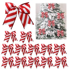 12PCS Red White Stripe Wreath Bows, Candy Burlap Bow for Wreath Valentine's Day Rustic Crafts Decorative Hanging Ornament Bow for Wedding Indoor Outdoor Wedding Holiday Birthday Party Decor