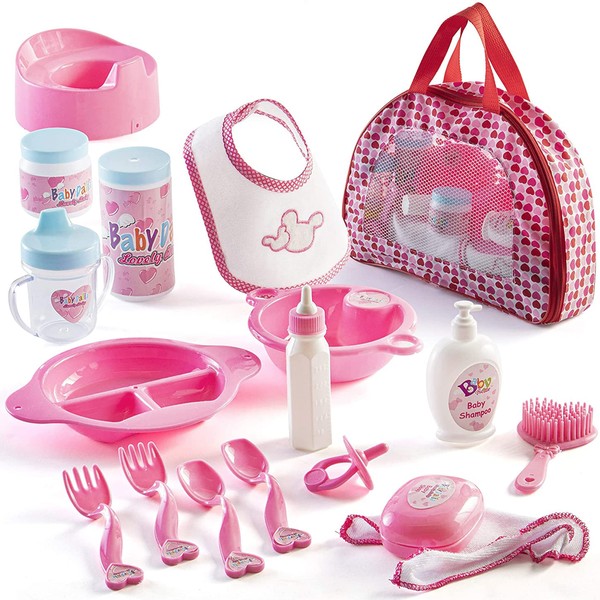 Prextex 18-Piece Baby Doll Accessories Set with Carrying Case - Includes Bottle, Sippy Cup, Pacifier, Bib, Hair Brush, Plates and More, Perfect for Kids, Toddlers, and Girls