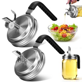 Palksky Wide Mouth Mason Jar Pour Spout Lids with Handle Stainless Steel, 2 Pack Oil Dispenser Mason Jar Lids with Auto-Flip Spout & Vent Tube for Honey, Syrup, Vinegar, Sauce