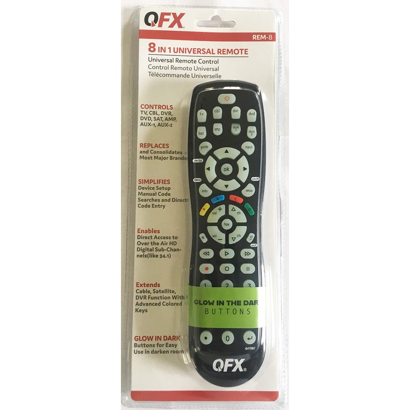 QFX 8-in-1 Universal Remote with Glow-in-The-Dark Buttons (REM-8)
