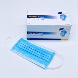 50 Stück Mundschutz Meditrade Suavel Protec 80-401, CE-zertifiziert, EN14683 Typ II, blau, 3-lagig, hochwertig, mit Gummischlaufen, aus PP-Vlies, formbarer Nasenbügel
