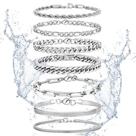 Ritach 7 Pcs Stainless Steel Bracelets for Men Women Cuban Link Bracelet Rope Paperclip Chain Bracelets Set 7.5/8.0 Inches Mens Metal Bracelets Silver Bracelets