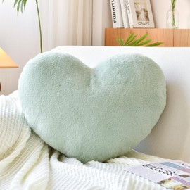 XVTRU Sage Green Heart Pillows,Cute Heart Decorative Throw Pillow, Heart Shaped Plush Throw Pillows for Bed,15.7" Faux Rabbit Fur Room Decor Pillow Cushion for Couch Valentine's Day Xmas Gift
