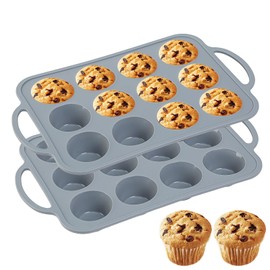 zmkele 2pack Silicone Muffin Pan 12 Cups Muffin Baking Mold With Reinforced Stainless Steel Frame Inside,BPA Free,Non-stick Bakeware Silicone Muffin Tray, Dishwasher Safe (grey)