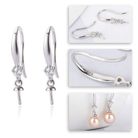 LGSY 925 Sterling Silver CZ Simple Dangle Earrings Fitting for Pearl, Earring Post Findings with Pearl Seat for Pearl DIY Jewelry Making