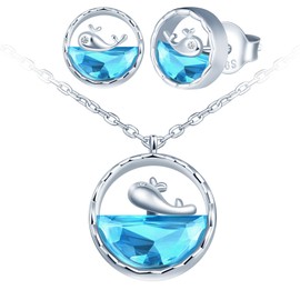 CPSLOVE Cute Little Dolphin Crystal Chains Necklace Earrings 925 Silver Women Girls Jewellery Sets Fashion Dolphin Pendant Stud Earrings, Sterling Silver, Crystal