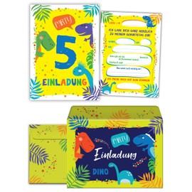 Junaversum 12 Invitation Cards for 5th Children's Birthday Boys Dinosaur Invitations with 12 Envelopes, 12 Bags, 12 Stickers