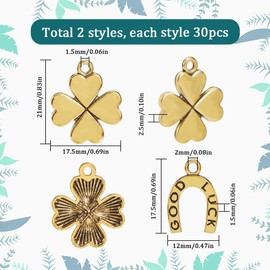 SUNNYCLUE 1 Box 60Pcs Lucky Clover Charms Bulk Horseshoe Charm Alloy Gold Metal Lucky Horse Shoe Four Leaf Clover Charm for Jewelry Making Charms Diy Necklaces Bracelets Earrings Wedding Gifts Women