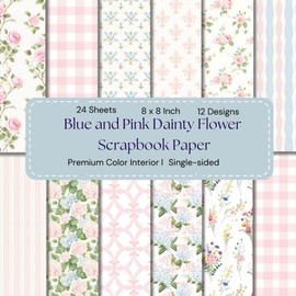 8 x 8" Blue and Pink Dainty Flower Scrapbook Paper: Colorful Floral Decorative Sheets for DIY Crafts, Journaling, Albums, Invitations, Gift-wrapping: Premium Color Interior, 12 Designs, 24 Sheets