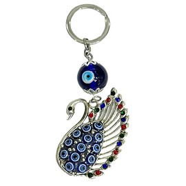 AUGEN Premium Blue Evil Eye Peacock Design Keychain Metal Vastu Good Luck Charm Protection With Key Ring Anti-Rust (Pack Of 1)