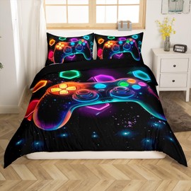 Homewish Boys Kids Gaming Single Bedding Sets 2 Pieces, Black Reversible Duvet Cover for Teens Game Room Decor, Neon Rainbow Gamepad Quilt Cover, Dreamy Galaxy Honeycombs Print Bed Set