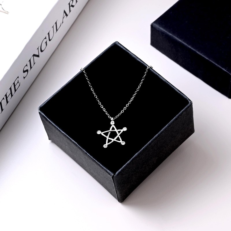 Silver Pentagram Star Pendant Necklace, Cubic Zirconia Crystals, Hollow Design