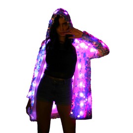Womens Girls 15 Color LED Sequin Super Flash Jacket Light UP Rave Creative Outer Coat Stage Costume Xmas Party Fancy Dress Pink