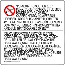 ComplianceSigns.com Texas 30.07 Concealed Carry Bilingual Window Cling, 24" x 24"