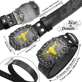 RechicGu Western Cowboy Black Leather Belts With Long Horn Bull Buckles, Floral Engraved Rodeo Belt Strap for Men Women Gift, Silver Skull Bull,black, M-Fit waist size(35"-39")