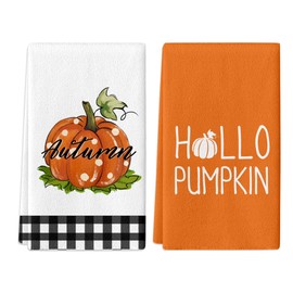 KORVITA Fall Hello Pumpkin Hand Towels Set 2 PCS, Buffalo Plaid Pumpkins Hand Towels, Thanksgiving Bathroom Decorative Soft Absorbent Hand Towels for Bathroom Home Hotel Gym Spa Yoga Beach 17"x26"