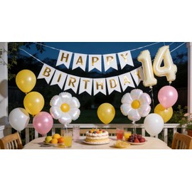 14. Set di palloncini per compleanno, con margherite, per 14 anni, decorazione per feste di compleanno, rosa, giallo, bianco, numero 14 margherite, palloncini in pellicola per 14 anni di anniversario