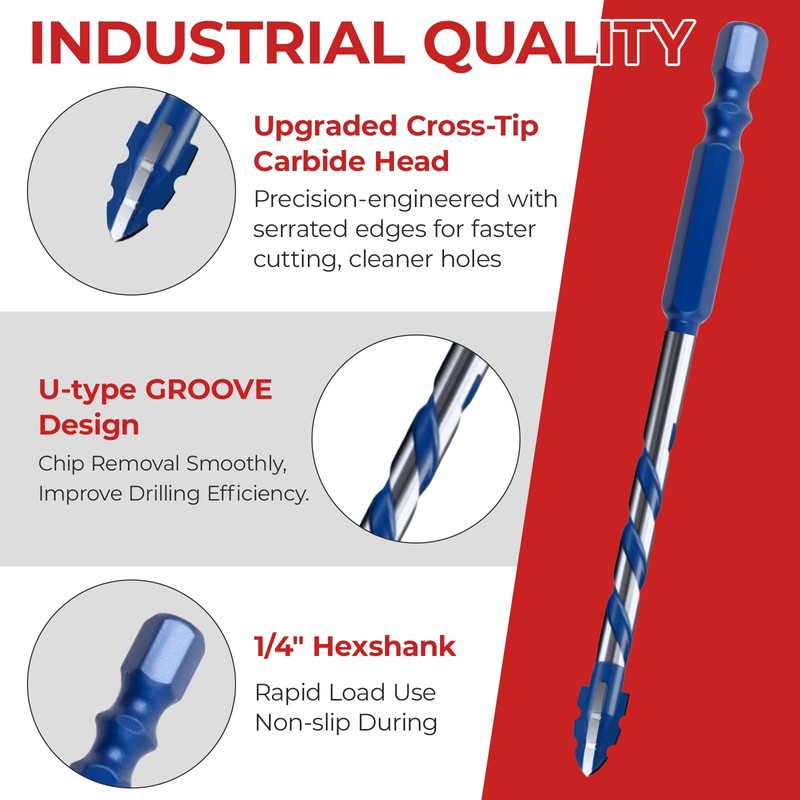 Keewaki Cross-Tip Carbide Drill Bits with Serrated Teeth, 5/32"–1/2" 10-Piece