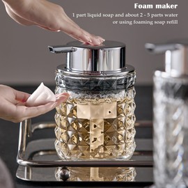 CICUFY Foaming Soap Dispenser 2 Pack, Foam Hand Soap Dispenser for Bathroom Kitchen Liquid Refillable Clear Glass Bottles with Silver Pump(Diamond Pattern-Clear)