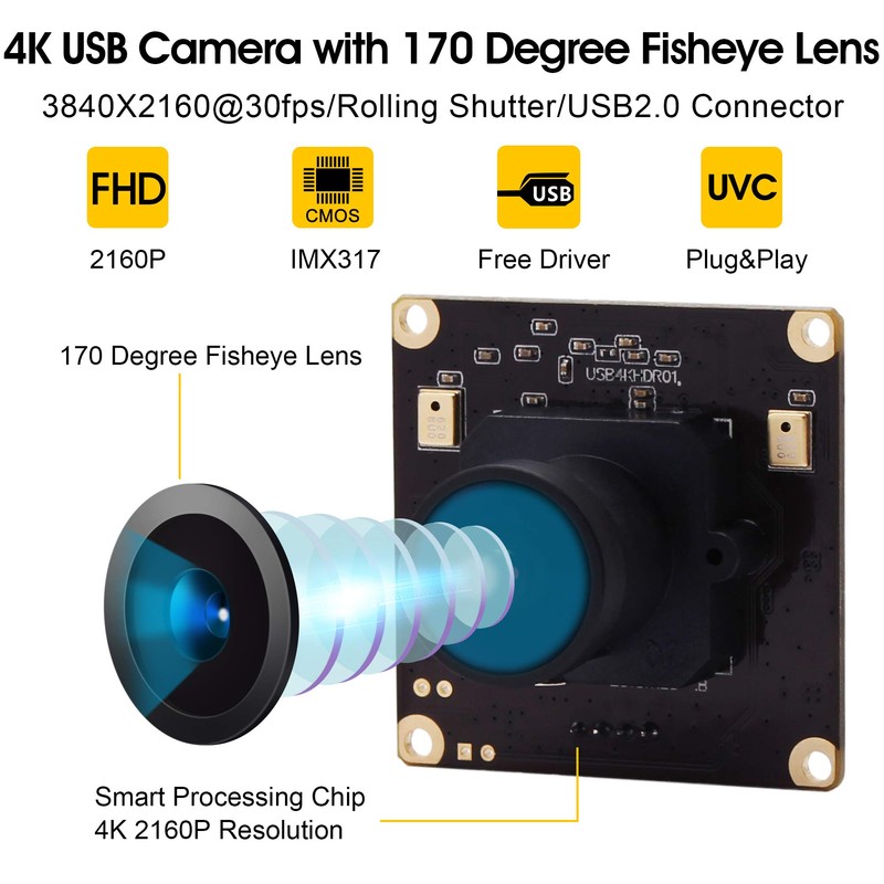 ELP Camera, 4K Usb Webcam, Mini Camera, Wide Angle 170°
