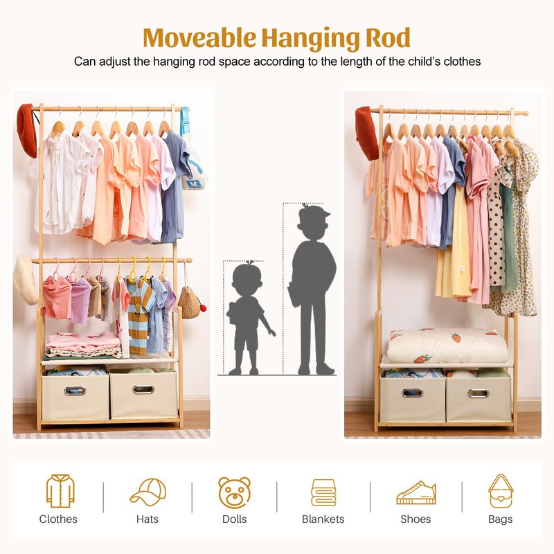 Vilaxing Kids Clothing Rack Bamboo with 2 Storage Baskets and