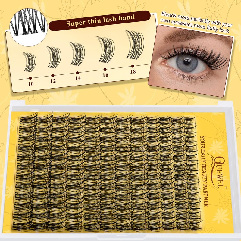 QUEWEL Eyelash Extensions, 144 Pieces, Natural Cluster Lashes, D-Curl Fine