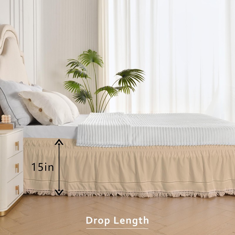 MIYE Wrap Around Ruffled Lace Bed Skirt, Elastic Dust Ruffle