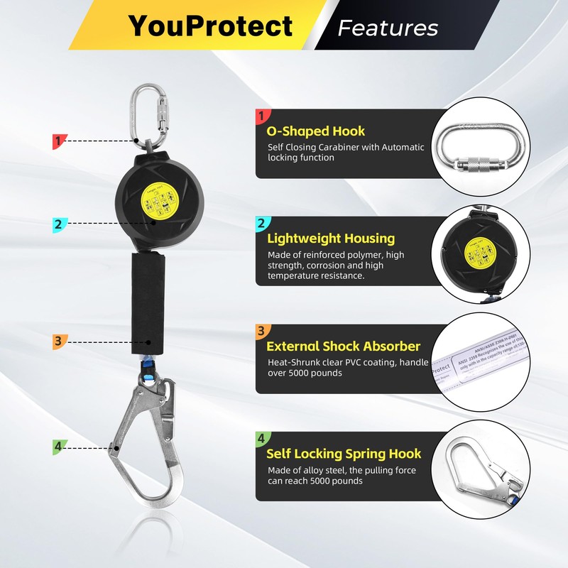 11FT Self Retracting Lifeline Fall Protection Retractable Lanyard, Fall Arrest