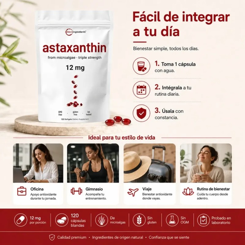 Astaxantina 12 Mg 120 Softgels Microalgas Apoyo Antioxidante