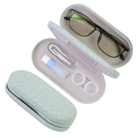 FlyingMage 2 in 1 Contact Lens Case and Eyeglasses Case for Women Men Kids, Double Sided Hard Shell Portable Glasses Travel Holder with Built-in Mirror, Contact Lens Box Storage Kit, Green