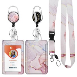 ID Badge Holder with Lanyard,Retractable ID Badge Card Holders Detachable Neck Lanyard Strap with Badge Reel and Vertical ID Holder for Nurse Students Teachers Office Staff(Marble Pink)