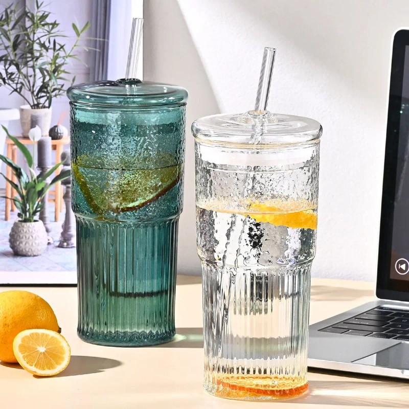 20 oz 2-pack Green Glass Straw Cup with Vertical Pattern