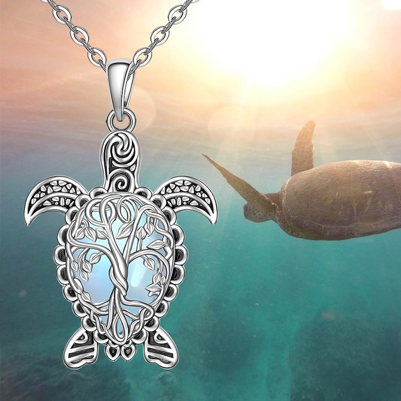 Sea Turtle Necklace Moonstone Tree of Life Turtle Necklace for