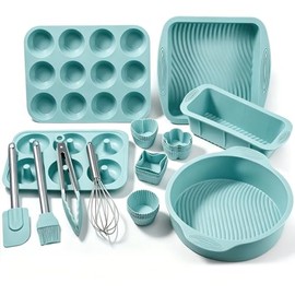Moldes de Silicona para Hornear, Juego de 33 Piezas, Sin BPA, Moldes para Pastel, Pan, Donas y Muffins, Incluye Espátula, Pinzas, Pincel y Batidor, Para Horno, Microondas (Azul)