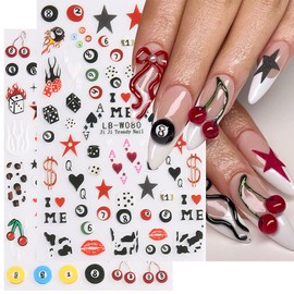 2 Sheets Cartoon Nail Stickers for Nail Art - WLGDLH Spring Summer Nail Art Stickers 3D Self Adhesive Cute Dice Billiard Numbers Nail Decals Manicure Supplies for Women DIY Decoration