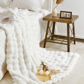 July Reversible Faux Rabbit Fur Throw Blanket, Cozy Plush Bubble Fleece Blanket for Couch, Luxury Cute Cozy Furry Blanket for Bed, All Seasons Cozy Gifts, White, 60" x 70", SC-WE6070