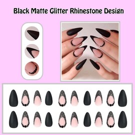 ANDGING Black Stiletto Press on Nails Long French Tip Fake Nail fake on Nail for Women with Matte Glitter Rhinestone Design Cute Acrylic False Nail Stick on Nails for Wedding Birthday 26Pcs